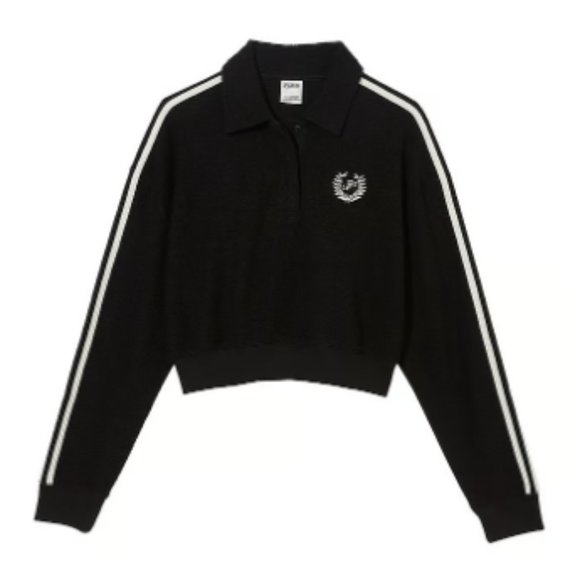 Victoria's‎ Secret PINK REVERSE FLEECE CROPPED POLO SWEATSHIRT - Black - Large - Picture 1 of 8